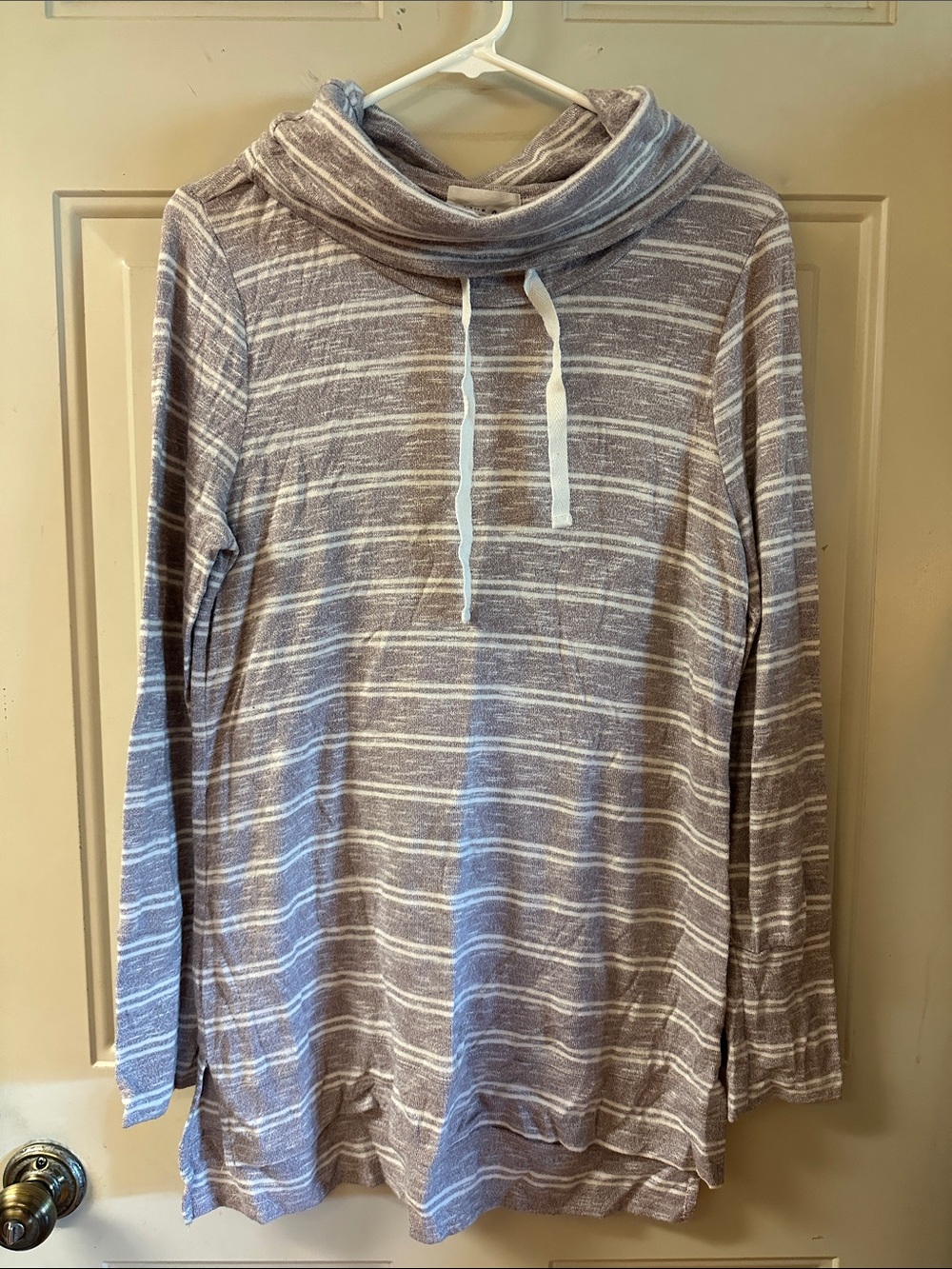 Olive & Oak Taupe and White Striped Cowl Pullover